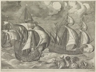 Three Warships, in the Foreground Arion on a Dolphin (series title: Sailing Ships)