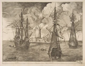 Four-Master Left and Two Three-Masters Anchored near a Fortified Island with a Lighthouse, 1561-65