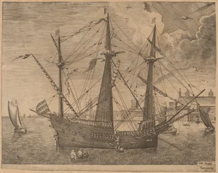 Armed Three-Master Anchored Near a City