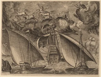 Two Galleys behind an Armed Three-Master with Phaethon and Jupiter in the Sky