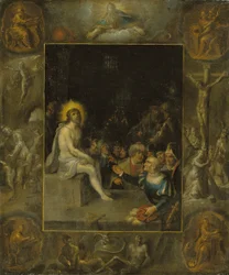 The Mocking of Christ, in a Grisaille Surround Depicting God the Father, the Evangelists, The Crucifixion, The Resurrection and The Devil and Death with the Crowned Serpent