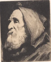 Old Blind Man in Profile with Hood Over Head