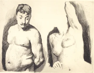 Test Plate with Two Studies of a Nude Male and Female Model in Half-Figure