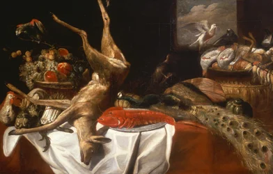 A Dead Deer and Birds, A Lobster on a Dish, A Basket of Fruit and Vegetables