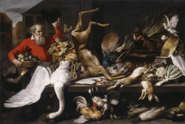 Still life with dead game, fruits, and vegetables in a market, 1614