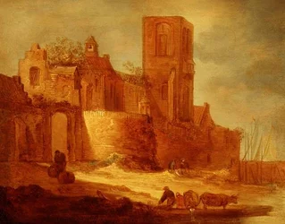 A Ruined Abbey by a Waterway with Peasants and Cattle in the Foreground