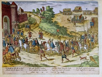 Entry of Duke Ferdinand Alvare of Toledo or Fernando Alvarez de Toledo y Pimentel (1508-1582), 3rd Duke of Alba de Tormes, in Brussels on 08/08/1567 with the Spanish Army. 1653 Print by Franz Hogenberg (1535-1590) Cabinet of Prints, B.N., Paris.