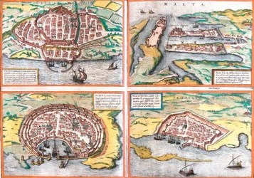 Plan of Cagliari (Calaris), Sardinia (Italy), Malta (Malta), Rhodes (Rhodus) and Famagusta (Famaugusta), Cyprus