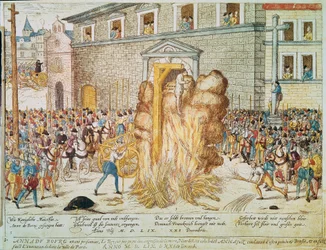 Religious war: execution of the French Protestant magistrate Anne du Bourg (1521-1559) on 23/12/1559 on Place de Greve in Paris