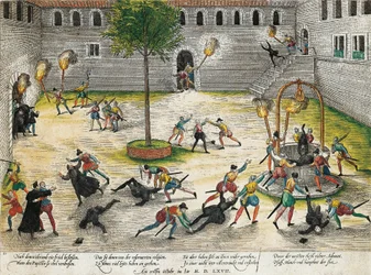 Retaliation by Reformed against ecclesiastics of Nimes, October 1567, engraving by Franz Hogenberg, wars of Religion, France