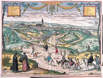 Seville, Spain. With a punishment scene: a procuress or an adulteress, has been smeared with honey and is swarming with bees. The cuckold follows behind, wearing antlers and a string of bells. The procession is accompanied by magistrates (engraving)