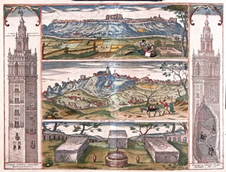 The Giralda of Sevilla, Spain - 5 views: San Juan on Guadalquivir, Gerena, 3 Roman tombs and towers at side, one cutaway showing George Hufnagel ascending on horseback