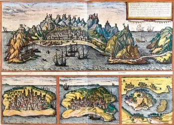 Views of Aden (Yemen), Mombasa (Kenya), Kilwa Kisiwani (Tanzania) and Cefala Diana (Sicily, Italy)