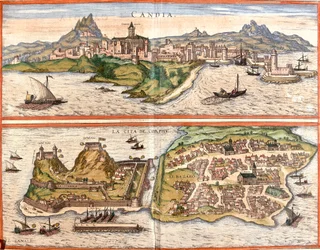 Views of Candia, current Heraklion on the island of Crete and Corfu, Greek island