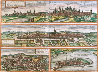 Views of Nuremberg (Nurnberga), Ulm (Ulma), Lindau (Lindola), Germany and Salzburg (Salisburgensis) in Austria