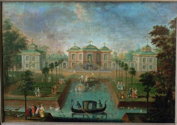 Court Life in the Park of Augustusburg Palace around the Indian House, View from the East