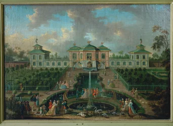 Courtlife in the park of Augustusburg Palace around the Indian House, view from the west