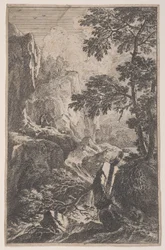 Plate 2: a hunter aiming with his gun, kneeling next to a large rock at right, a man