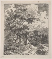 A Shepherd Seated on a Hill with a Cow and Two Sheep