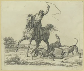 Rider and Four Dogs Tearing at a Hare