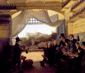 Louis II of Bavaria toasts with friends in the Spanish wine tavern in Rome. 1824