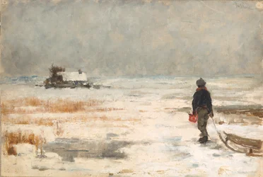 Boy with Sled in Winter Landscape