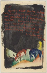 "Vermilion Greeting", Franz Marc from Sindelsdorf to Wassily Kandinsky in Munich: Postcard, Postmarked 19.04.1913