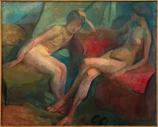 Two Nudes on Red Sofa