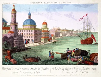 View of Lower Town at Quebec towards the St. Lawrence River. Engraving by Franz-Xavier Habermann