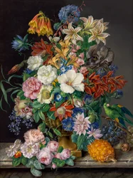 Floral Piece with Pineapple, Grapes and Parrot