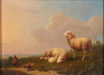 Sheep and Chickens in a Meadow