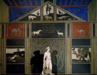 The myth of Orpheus, painting by Franz von Stuck in a typical Secession theme and colour scheme, preserved on the east wall of the Hall of Music, Villa Stuck, Munich, Germany
