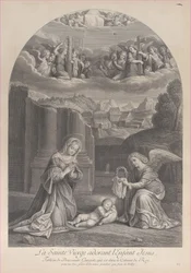 The Virgin Mary Adoring the Christ Child, an Angel Holding a Crown of Thorns at Right