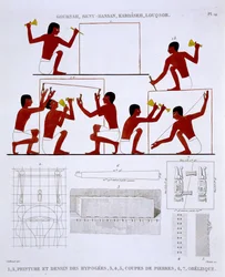 Stonemasons at Work, from a Rare Record of Frescoes from Thebes, recorded 1819-1822 on his second visit to Egypt by Frederic Cailliaud