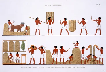 Transporting, Storing and Recording the stores of Grain, from a Rare Record of Frescoes from Thebes, recorded 1819-1822 on his second visit to Egypt by Frederic Cailliaud (1787-1869)