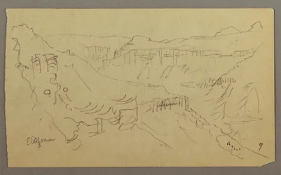 El Yemen Valley, Arabia: View of Winding Valley with a Caravan, February 20, 1868
