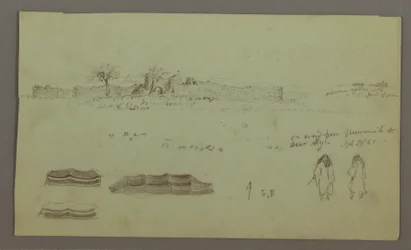 Ruins Surrounded by Walls, Tents, Two Figure Studies, April 28, 1868