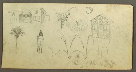 Stately Home, Figure Riding Camel, Architectural Studies, Palm Tree, possibly 1868