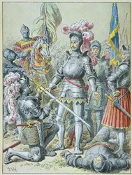 Battle of Pavia: Francois I, defeated, handed over his spear to the knight Charles de Lannoy in 1525