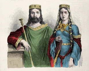 Clovis (481-511), king of the Franks, with his second wife Saint Clotilde (Clothilde), queen. Engraving by Lix.