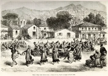 Folk dance in the village square Haggia Anna (St. Anne). Engraving after the drawing of Lix, to illustrate the voyage in Greece, by Henri Belle, in 1861-1868-1874, published in Le tour du monde 1876, edited by Edouard Charton, Hachette edition, Paris