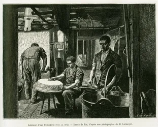 Inside a cheese factory. Engraving by Lix, to illustrate the story 
