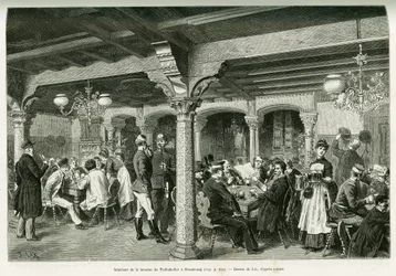 Interior of the Tiefenkeller tavern in Strasbourg. Engraving by Lix, to illustrate the story 