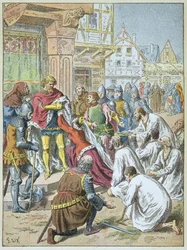 Siege of Calais by Edward III in 1346 - 1347. Queen Philippa de Hainaut begged her bridegroom to grant the bourgeois of Calais