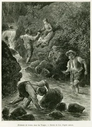 Trout fishermen in the Vosges. Engraving by Lix, to illustrate the story 