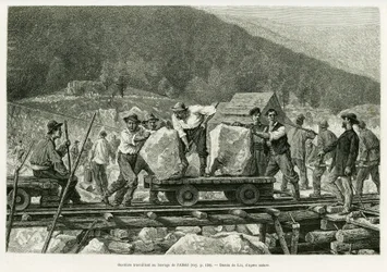 Workers working at the Alfeld dam. Engraving by Lix to illustrate the story A travers l
