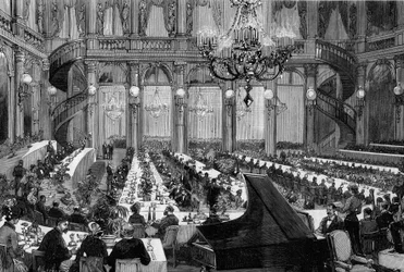 Dinner concert in the festive hall of the Grand Hotel de Paris. Engraving by De Haenen In 