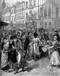 Historical celebration of the commemoration of the siege of Lille in 1792: the Braderie Watteau in the streets of the city with the fashionable inhabitants of the 18th century. Engraving by De Haenen in 