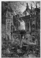 The Fire of the Opera Wiener Ringtheater in Vienna on 5 December 1881. Engraving by De Haenen in 