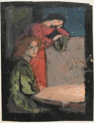 Two Girls by a Table Look Out on a Starry Night